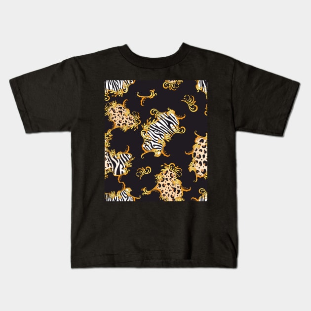 Animal skin texture with baroque floral pattern Kids T-Shirt by ilhnklv